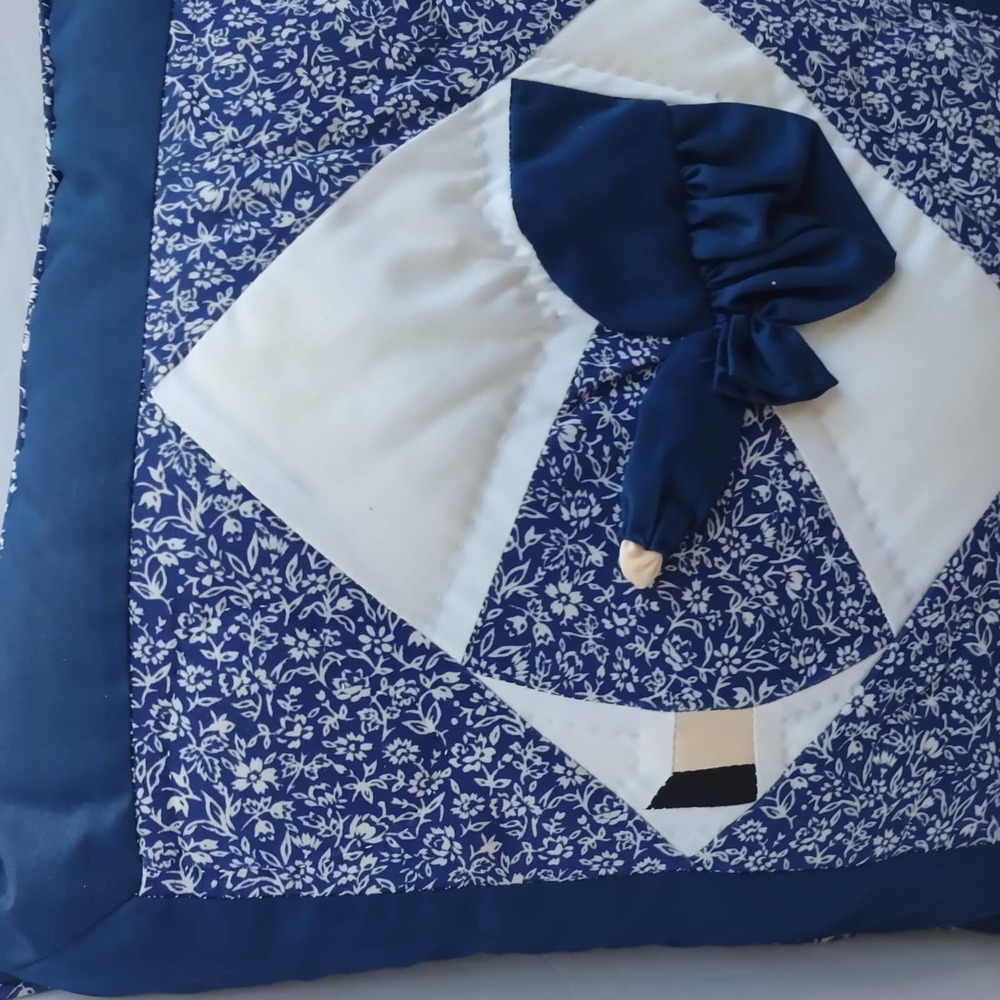 Vintage Handmade Quilted Blue Whine Prarie Bonnet Girl Throw Pillow - Picture 3 of 7